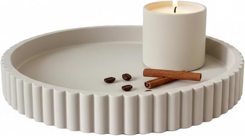 13" Round Solid Concrete Decorative Tray - Heavy Duty Fluted Centerpiece for Coffee Table, Serving, Patio, Home Office &amp; Entryway - Modern Home Decor Trays(Gray)