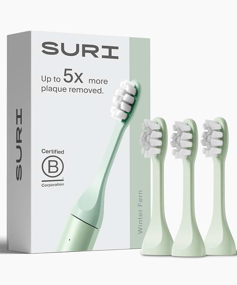 SURI Recyclable Plant-Based, Electric Toothbrush Heads - Built-in Tongue Scraper, Long Lasting Replacement Heads | Compatible Only Sonic Electric Toothbrush - Winter Fern, Pack of 3 ClimatePartner certified