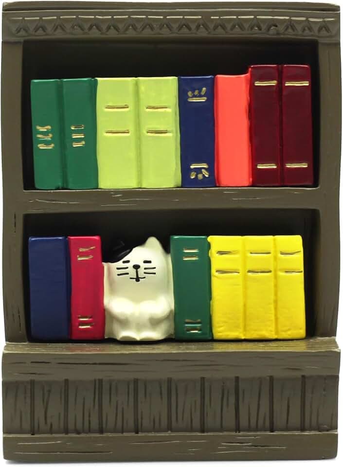 RAQWI Cute Mini Cat Bookshelf Statue, Tiny Bookcase Ornament for Living Room, Bedroom, Office Shelf Decor, Adorable Gift for Cat Moms, Readers, Miniature Collectors