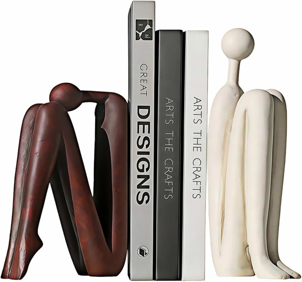 Resin Book Ends, Abstract Thinker Modern Minimalist Decorative Sculpture Bookends, Non-Slip Heavy Duty Bookends for Shelves for Home Office Shelves Desk, Set of 2 (Brown &amp; White)