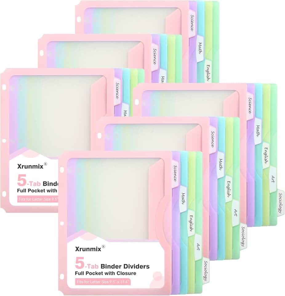 30 Counts Dividers for 3 Ring Binder, 5-Tabs Binder Dividers with Pocket for US Letter Size, 5 Pastel Recipe Binder Dividers with 1/5 Cut Tabs for Back to School/Office/Home, Pastel Color (6) Global Recycled Standard