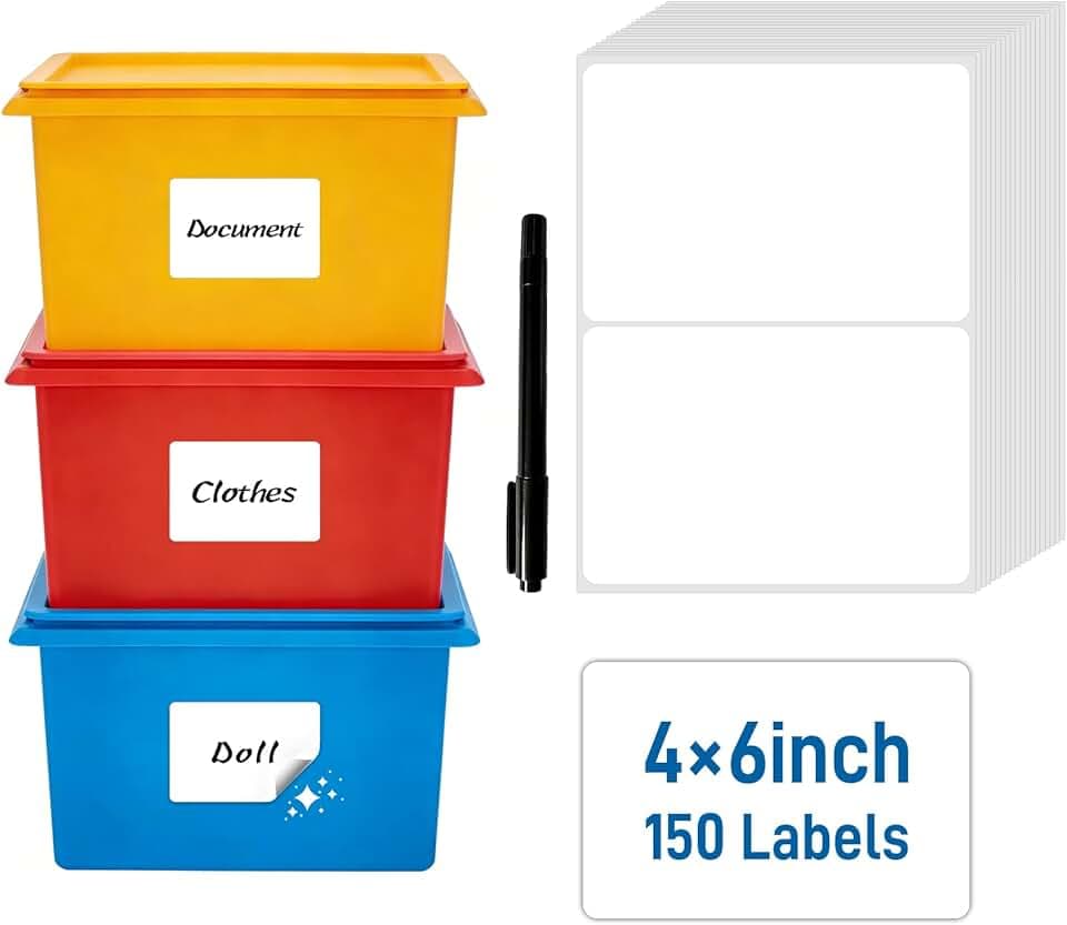150 Pcs 4"x6" Extra Large Removable Labels for Storage Bins(Marker Included), No Residue Left, Wmiwulien 75 Sheet Waterproof Oilproof Matte White Blank Moving Labels for Home Office School Business