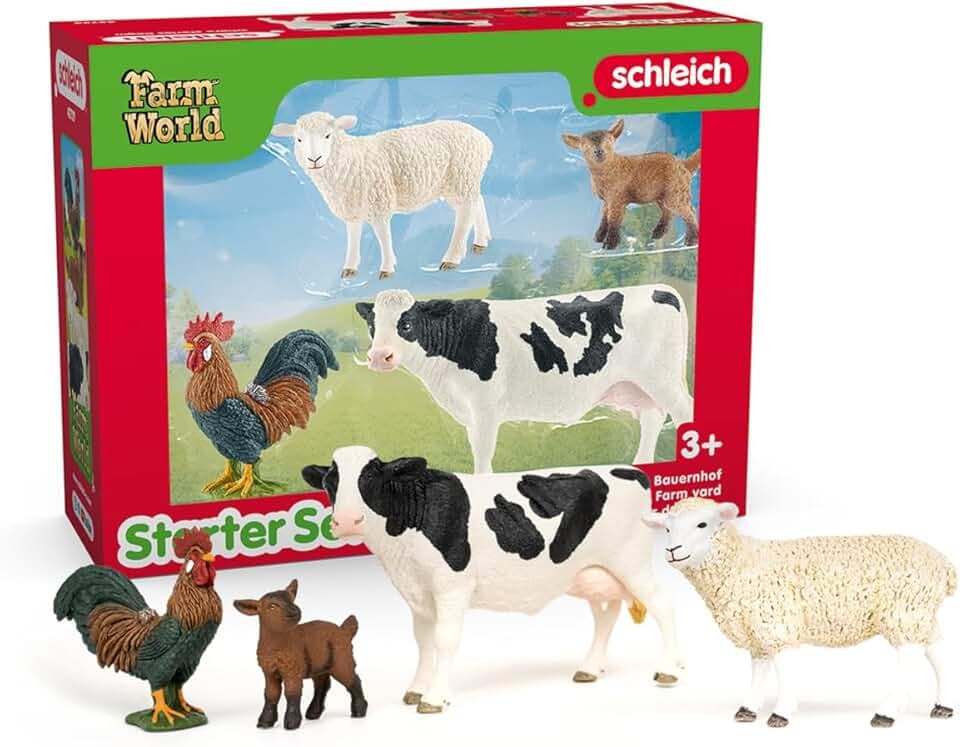 Schleich Farm World - Starter Set, Includes 4 x Collectible Toy Farm Animals, Cow, Sheep, Donkey Foal and Rooster Farm Animal Toys for Kids Ages 3+
