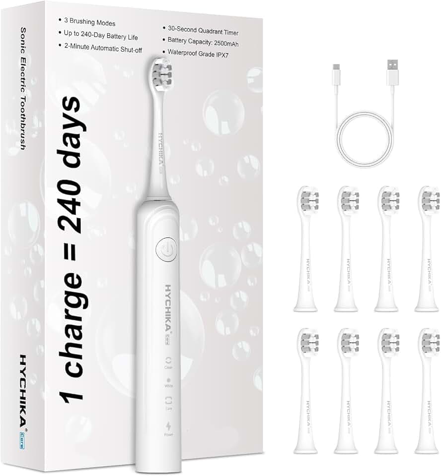 240 Days Battery Life Rechargeable Electric Toothbrush for Adults,with 2500mAH Large Capacity, 8 Pack Replacement Brushheads,3 Classic Modes,2 Min Smart Timer Battery Toothbrush,White