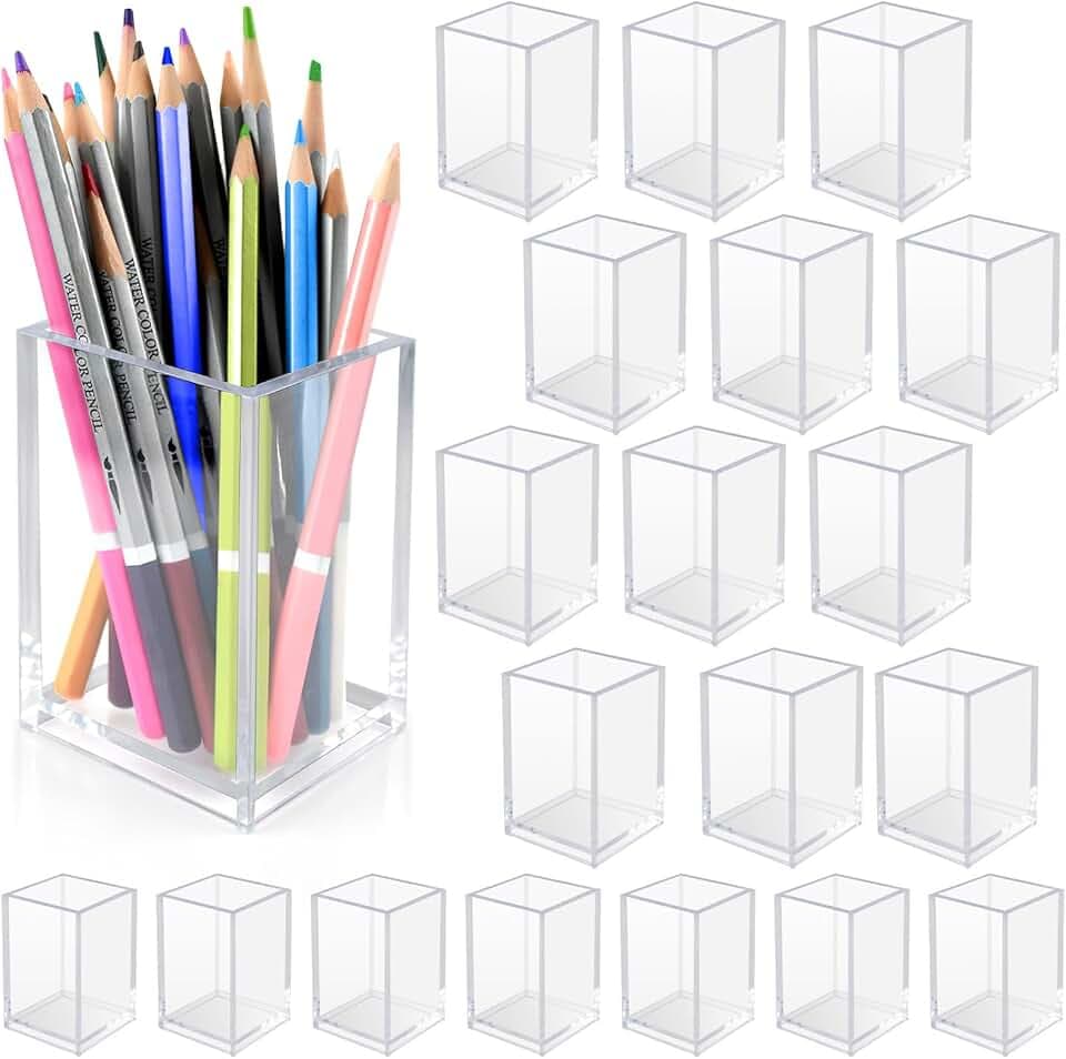 20 Pack Clear Acrylic Pen Holder for Desk, Pencil Cup Makeup Brush Organizer, Square Acrylic Pencil Holders for Office School Home Supplies, Desktop Stationery Organizer for Pens Markers Brushes