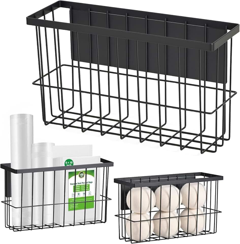 FAMNONE 1 Pcs Magnetic Basket Fridge Dryer Ball Holder for Laundry Room Organization and Storage, Magnetic Lint Bin Home Organization for Laundry Room, Kitchen &amp; Office Class School (Black, L-1pcs)