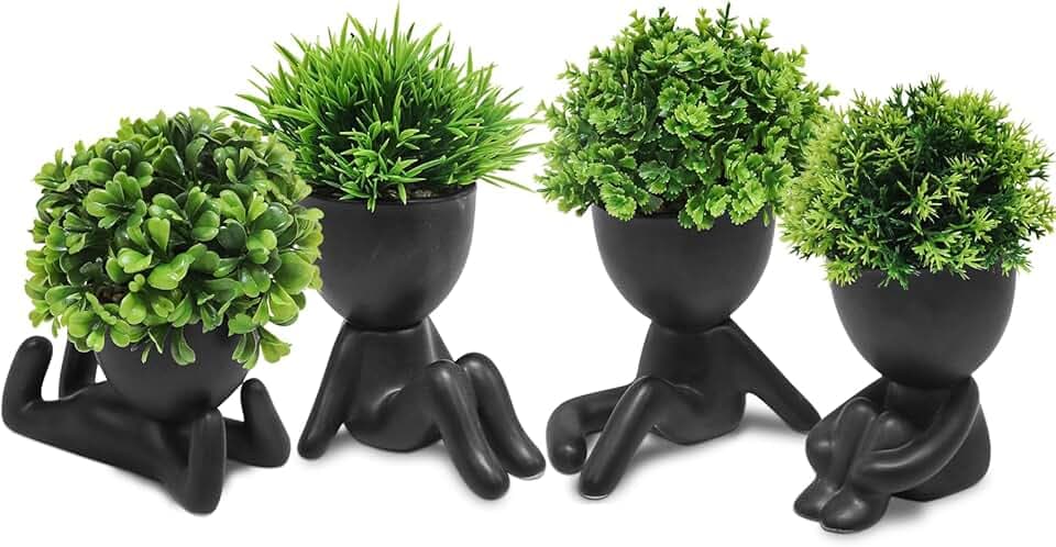 MAKHOT 4PCS Cute Artificial Mini Succulent Plants with Creative Human Shaped Pots, Small Fake Plants for Shelf Desk Tabletop Office Home Decoration(Black)