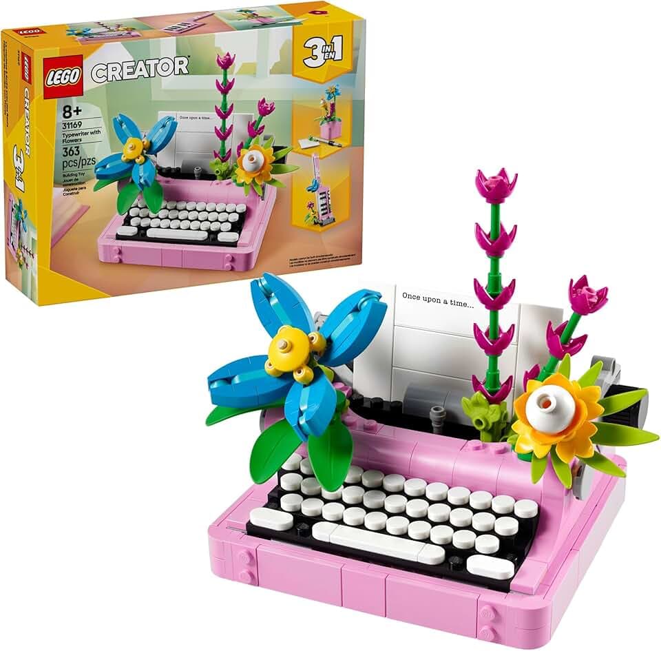 LEGO Creator 3 in 1 Typewriter with Flowers - Building Toy with 3 Building Options, Typewriter, Flowerpot with Pen &amp; Notebook, or Keytar - Gift Idea for Birthdays - 31169