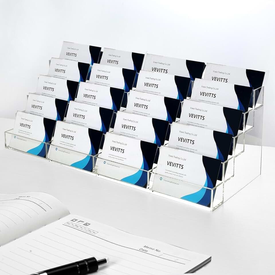 Vevitts 20 Slots Acrylic Business Card Holder, Clear Plastic Desk Business Card Stand, Multi-Card Display Rack for Office Home School Recipe Brochure File