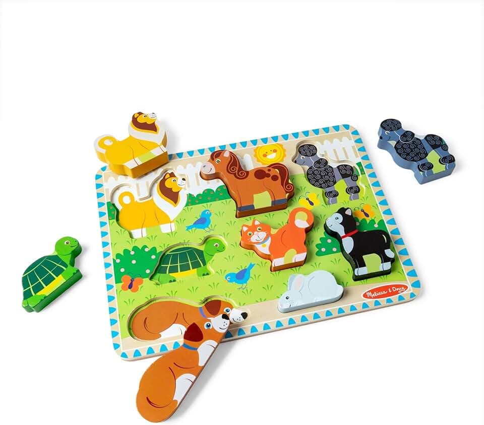 Melissa &amp; Doug Pets Wooden Chunky Puzzle (8 pcs), Educational Screen Free Activity for Toddler, Preschoolers and Kids Ages 2+