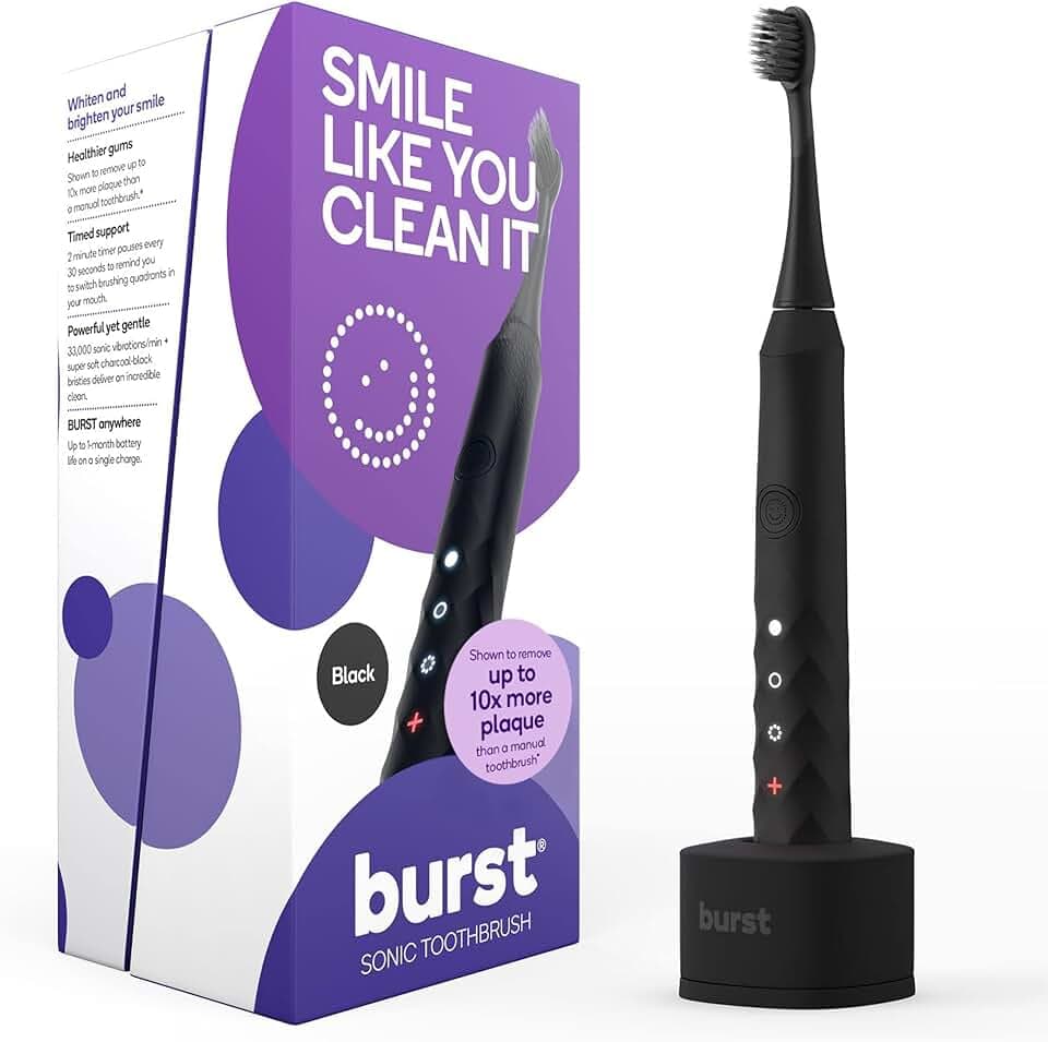 Burst Original Sonic Electric Toothbrush for Adults (Black) | Rechargeable Electric Sonic Toothbrush | Soft Bristle Deep Clean Stain &amp; Plaque Removal | 3 Modes: Teeth Whitening, Sensitive &amp; Massage