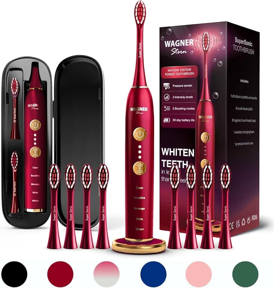 Wagner Stern WHITEN+ Edition. Whitening Electric Toothbrush with Pressure Sensor. Offers 5 Brushing Modes, 3 intensities, 8 Soft Brush Heads, and a Luxury Travel case.