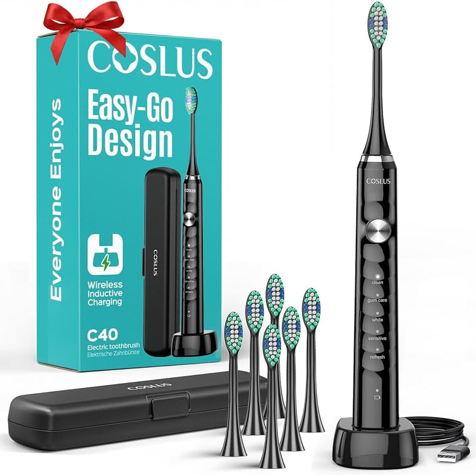 COSLUS Sonic Electric Toothbrush for Adults C40(DY-108Pro): 47000 VPM for Deep Cleaning with Travel Case - 5 Modes for Sensitive Teeth &amp; Brace, Wireless Charging, 6 Brush Heads for Family, Black (1PC) Global Recycled Standard