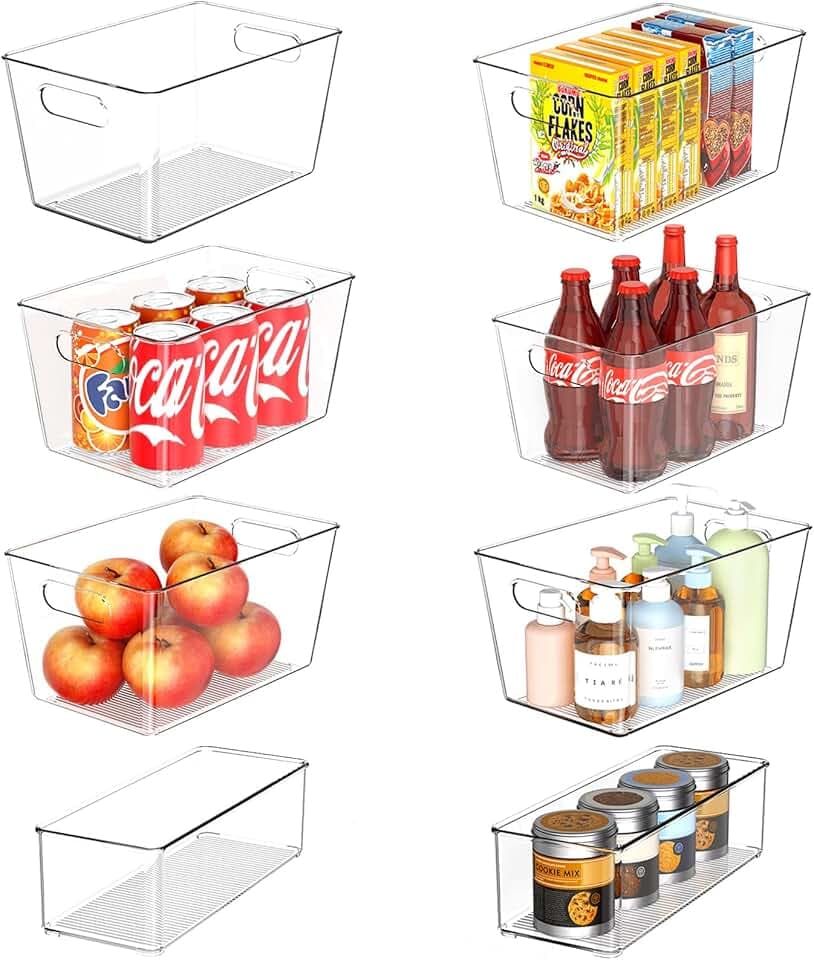 Set of 8 Clear Plastic Storage Bins, 6 Large +2 Small Pantry Organizers and Storage Containers for Kitchen Organization, Home Storage Essentials for Office, Closet, Garage, Freezer&amp; Bathroom