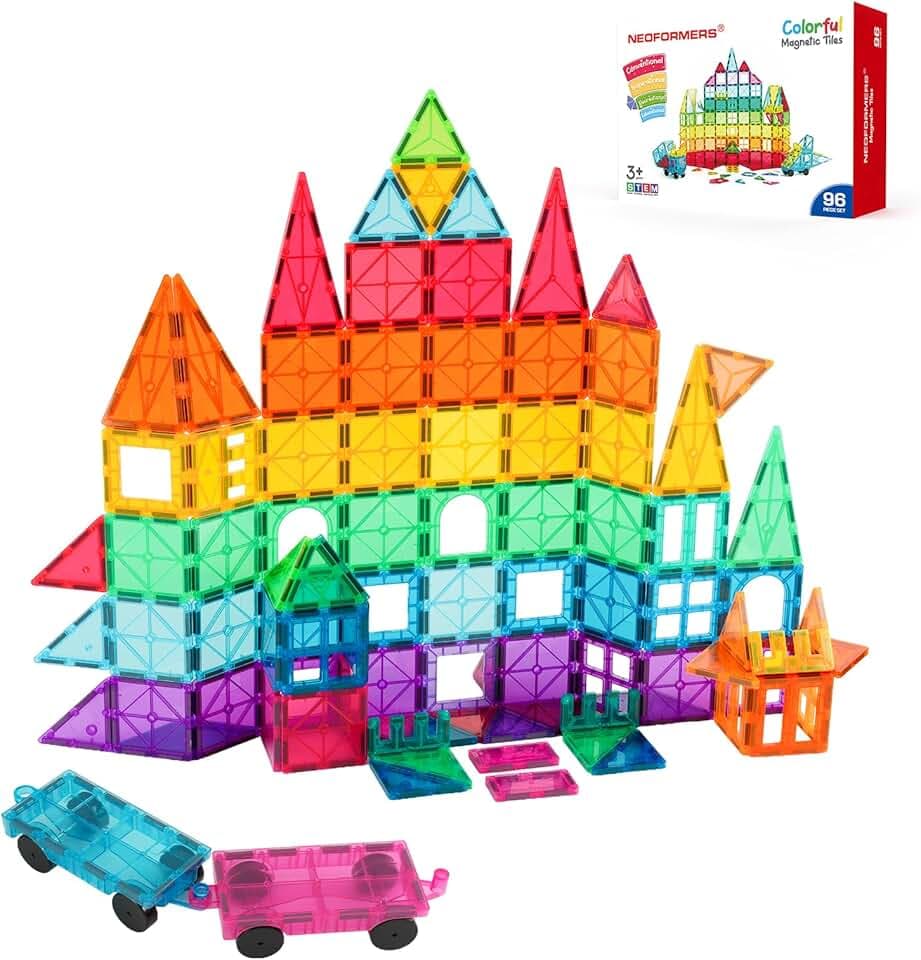 Magnetic Tiles, 96PCS Magnetic Block Toddler Toys with 2 Cars, 3D Clear Magnet Building Tiles Set, STEM Educational Toys for Kids 3-9 Years