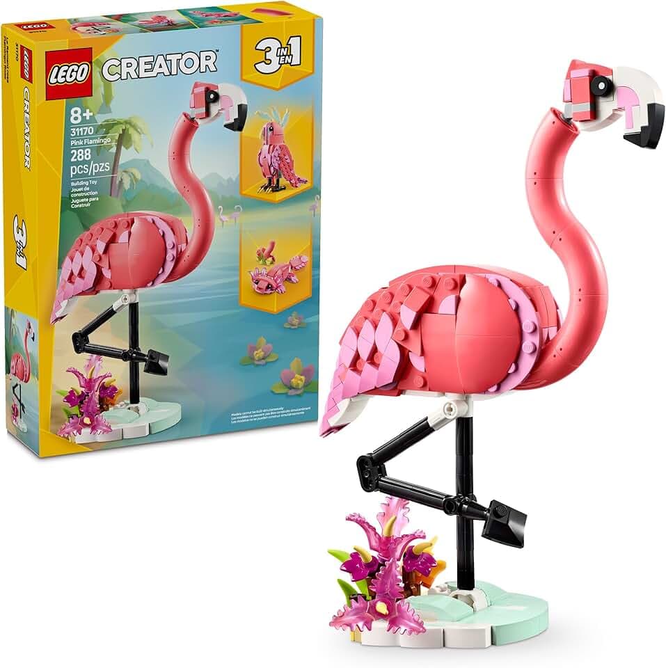 LEGO Creator 3 in 1 Wild Animals: Pink Flamingo Animal Building Toy - Playset with 3 Build Options, Pink Flamingo, Cockatoo, or Axolotl - Learning Toy for Kids, Ages 8+ - 31170