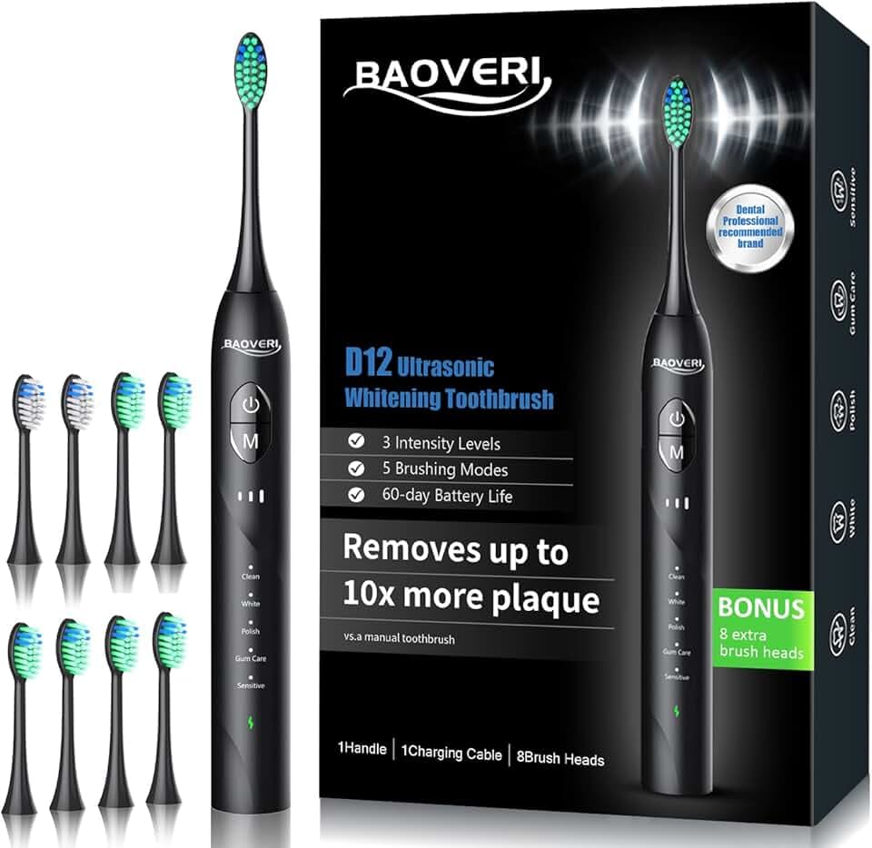 BAOVERI Sonic Electric Toothbrush with 8 Brush Heads for Adults, Rechargeable Electric Power Toothbrushes, 5 Modes, 3 Intensity Levels, 2 Minutes Smart Timer, 4 Hours Fast Charge for 60 Days