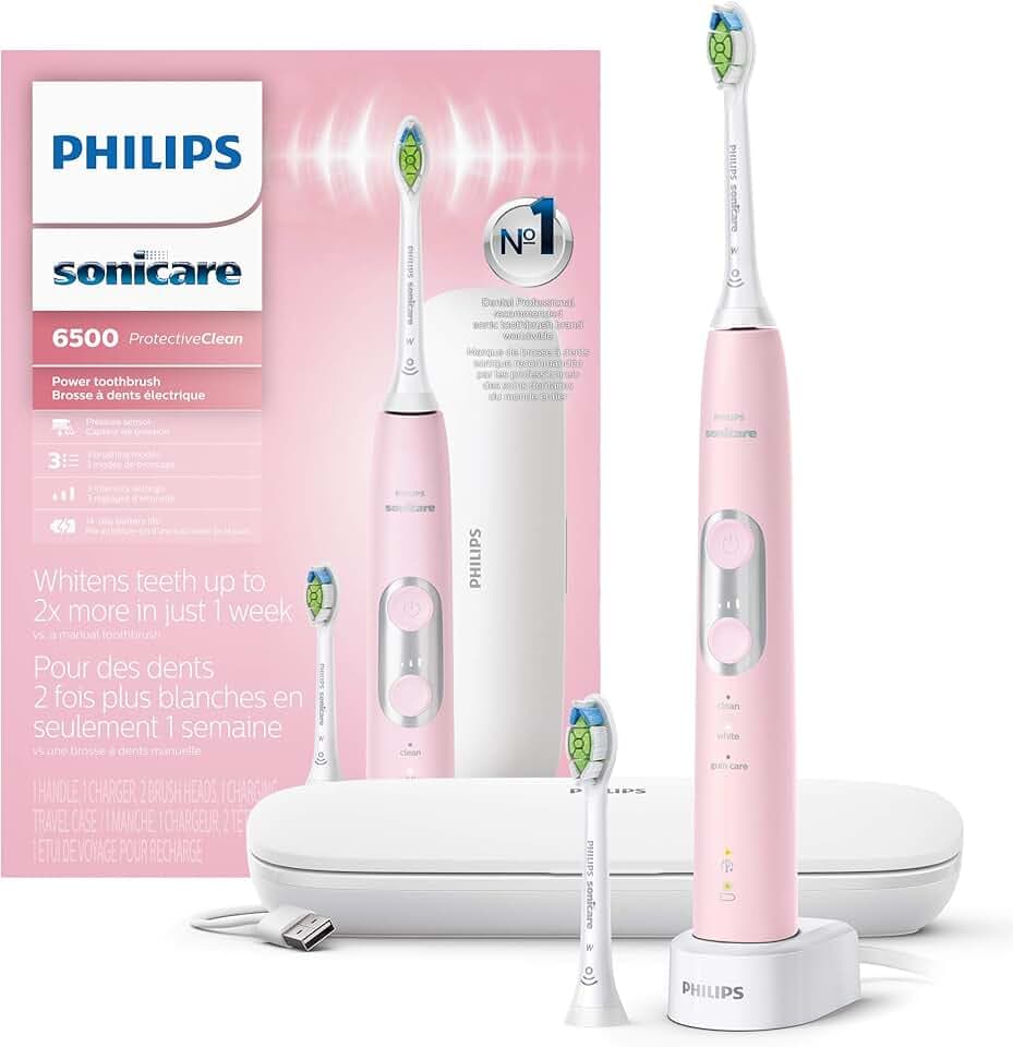Philips Sonicare ProtectiveClean 6500 Rechargeable Electric Toothbrush, with Pressure Sensor, 3 Cleaning Modes, SmarTimer and QuadPacer, 14-Day Battery Life, Charging Travel Case, Pink, HX6462/06 GreenCircle Certified: Certified Environmental Facts Label