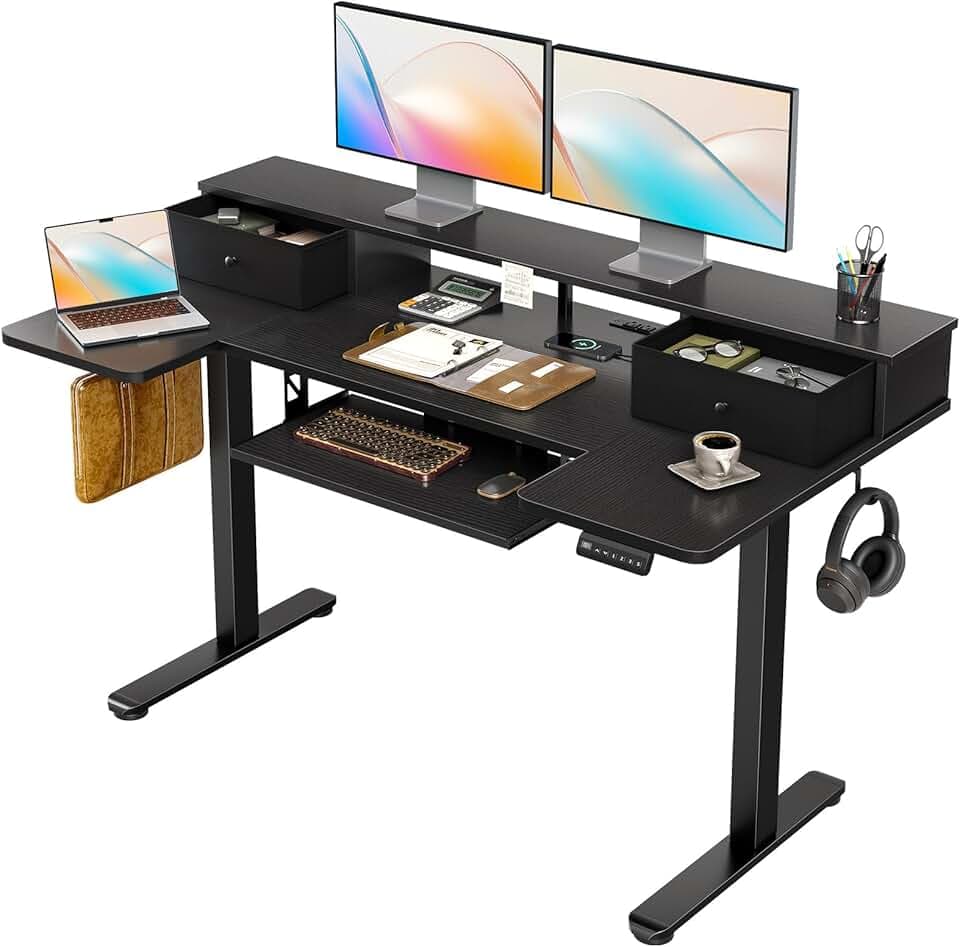 OffiGo U Shaped Electric Standing Desk with Drawers, 55 Inch Height Adjustable Desk with Keyboard Tray ＆ Ergonomic Monitor Stand, Sit Stand Table with Power Outlets for Home, Office, Black