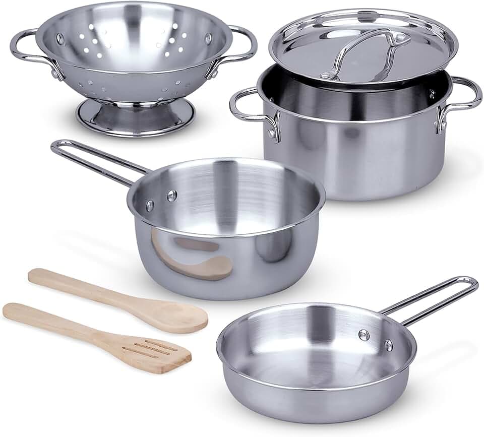 Melissa &amp; Doug Stainless Steel Pots &amp; Pans, 8 Piece Play Kitchen Set, Premium Play Kitchen Accessories &amp; Cooking Utensils, Preschool Toys for Kids 3+