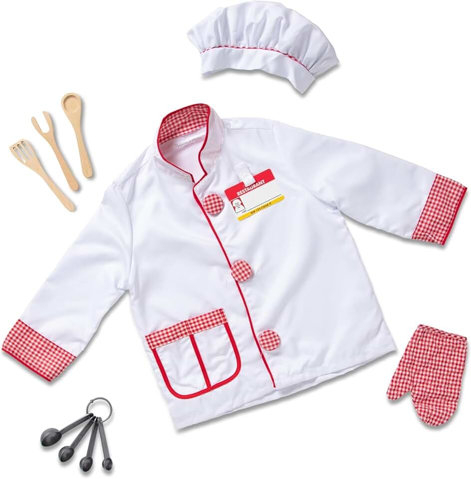 Melissa &amp; Doug Chef Costume, Pretend Play Dress Up Set (8-Pc) Chef's Jacket, Hat, &amp; Accessories, Role Play Toys for Kids 3+