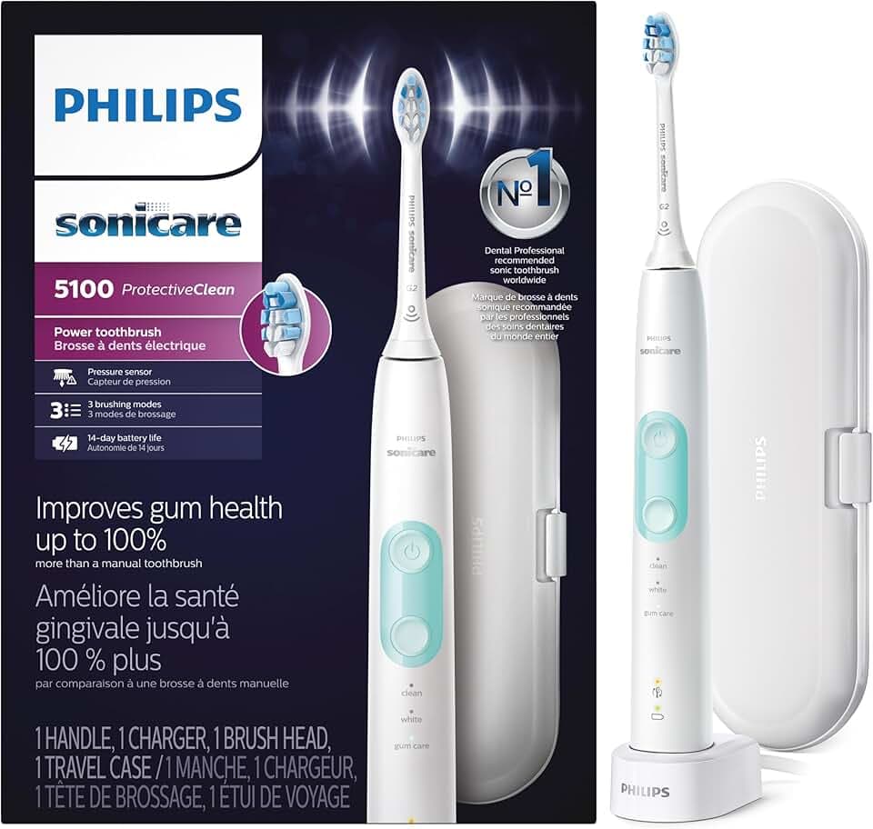 Philips Sonicare ProtectiveClean 5100 Rechargeable Electric Toothbrush, with Pressure Sensor, 3 Cleaning Modes, SmarTimer and QuadPacer, 14-Day Battery Life, Travel Case, White, Model HX6857/11 GreenCircle Certified: Certified Environmental Facts Label