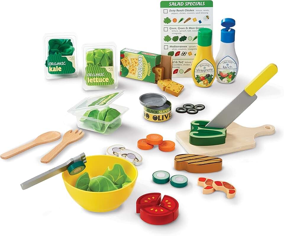 Melissa &amp; Doug Slice and Toss Salad 52-Piece Toy Food Set &amp; Montessori-Inspired Play Kitchen Accessories, Preschool Learning Toys for Girls &amp; Boys 3+