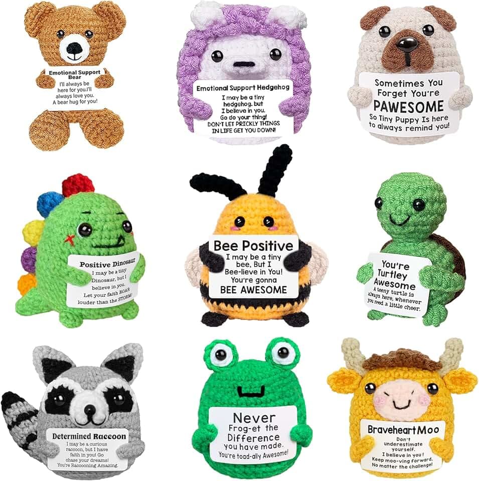 Positive Crochet Animals Bulk, Emotional Support Crochet Animals with Messages Sayings, Mini Knitted Inspirational Employee Appreciation Gifts for Women Friends Coworkers Cute Crocheted Cheer Up Gift