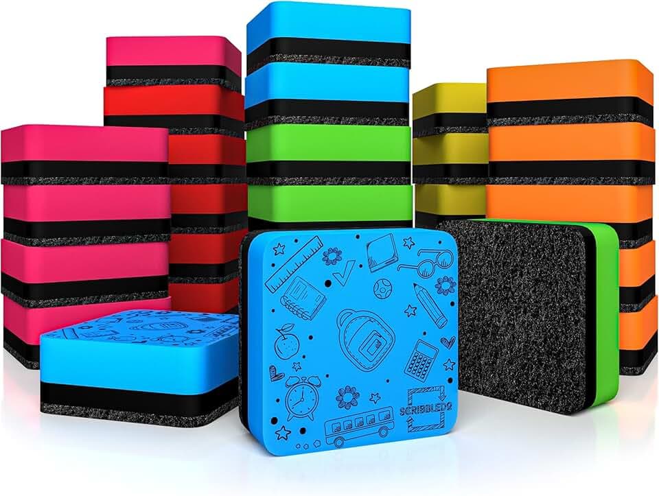 Scribbledo 30 Pack Dry Erase Erasers Assorted Colors Magnetic Whiteboard Erasers for Kids and Students - Smudge Free Small Dry Erase Board Erasers for Classroom Home School and Office