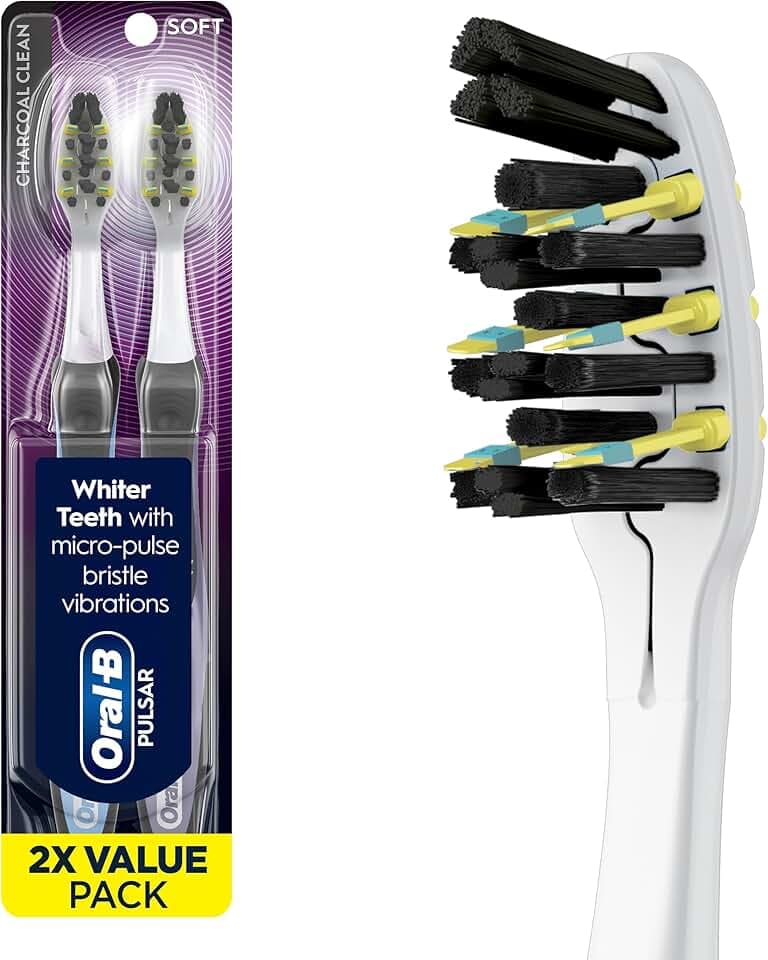 Oral-B Pulsar Charcoal, Battery Electric Toothbrush, 2 Count Soft Toothbrush Pack, removes Plaque, Travel Essentials Tooth Brush