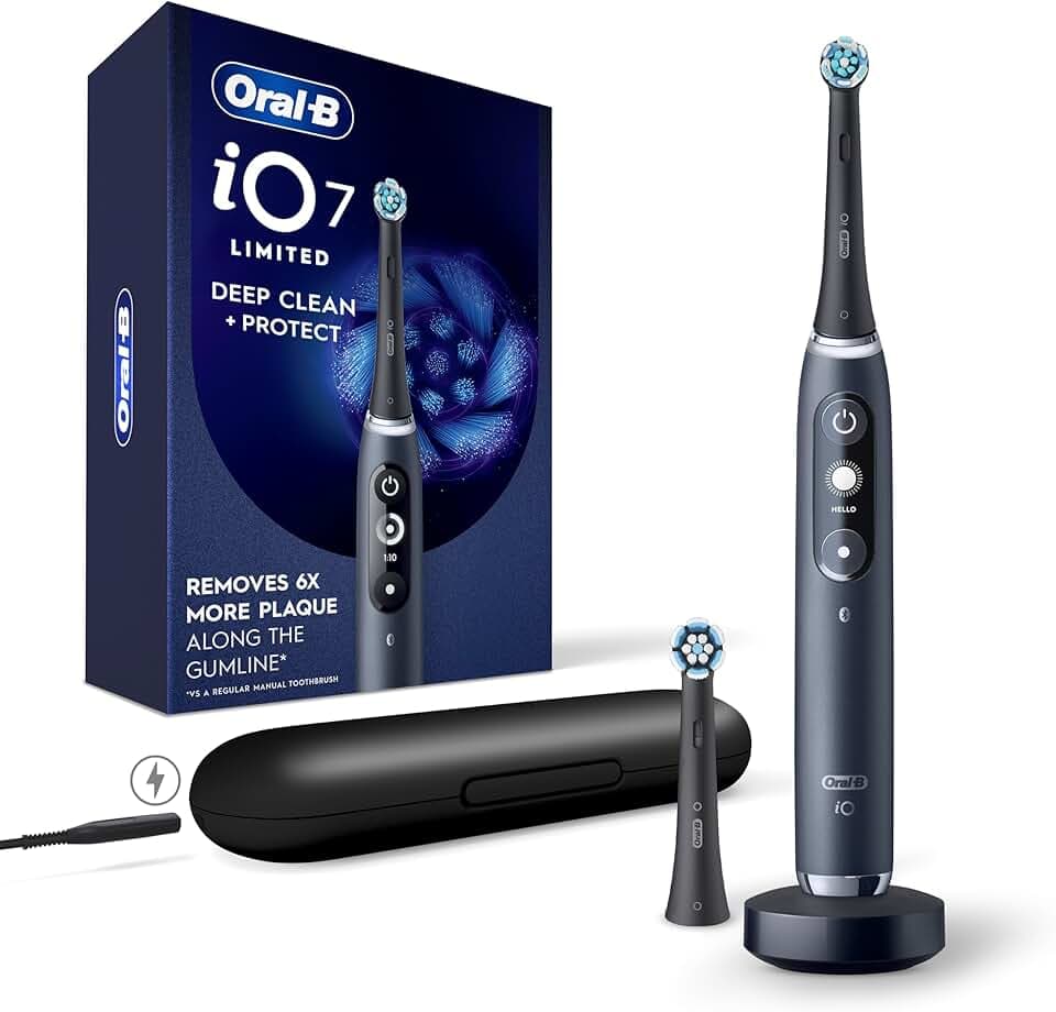 Oral-B iO Deep Clean + Protect Rechargeable Electric Toothbrush, Black, iO Series 7, 2 Replacement Brush Heads, Charging Travel Case (package may vary)