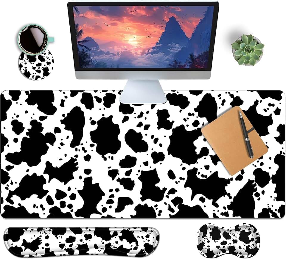 4-Piece Extended Large Mouse Pad Set for Women Men with Cow Print Design Includes 35.4 x 15.7 XXL Large Mouse Pad Keyboard Wrist Rest Mouse Wrist Support and Coaster for Office Home