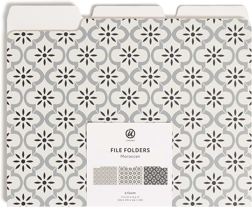 U Brands Fashion File Folders, 9 Count, 1/3-Cut Tabs in Assorted Positions, Letter Size, Office Supplies (Moroccan)