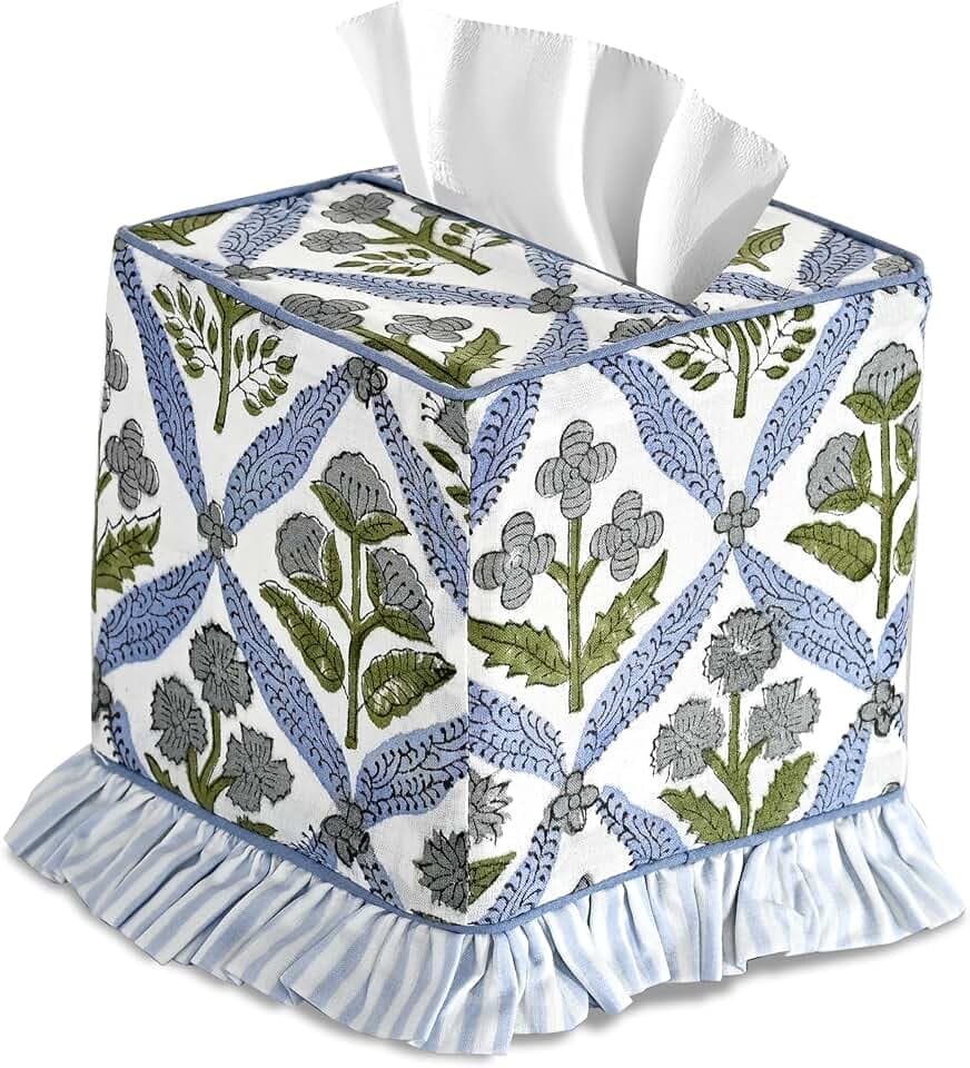 Ridhi Light Steel Blue Block Print Ruffle Tissue Box Cover Handmade Cotton Decorative Square Napkin Holder for Home Bedroom Living Room Bathroom Vanity Countertop Car Office Kitchen
